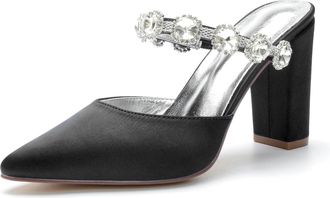 Generic Wedding Shoes Bridal Block Heels Womens Rhinestone Pointed Toe Pumps High Heels Satin Bridal Party Dress High Heels Sandals 9Cm,Black,10 UK