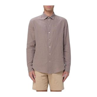 Emporio Armani Linnen en Katoenen Shirt - Heren - Overhemden - Beige - Maat: XL Katoen