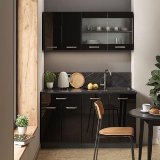 Vicco Cocina Para Solteros R-line, Negro/antracita De Alto Brillo, 140 Cm Sin Encimera