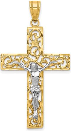 Diamond2Deal 10K Two-tone Diamond-Cut Large Block Filigree Cross Crucifix Pendant