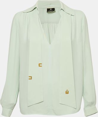 Elisabetta Franchi Blue Crepe Neck-Tie Detail Top