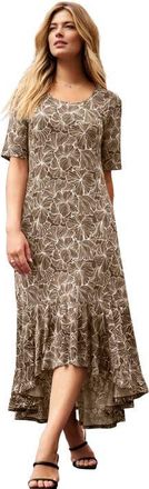 Jessica London Stretch Knit Flounce Hem Maxi Dress in Brown Outlined Flowers at Nordstrom, Size 14