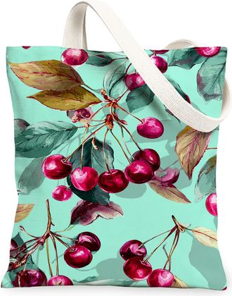 Generic Cherries Blossom Canvas Tote Bag, Retro Fruit Leaf Design Reusable Grocery Bags, Summer Lightweight Washable Shoulder Strap, Mint, 13x15 Inch