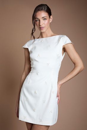 Oasis Womens Embellished Drape Bow Wedding Mini Dress - White - Size 12 UK