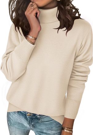 Zeagoo UK Womens Jumpers Plain Ribbed Turtle Roll Neck Tunic Top Long Sleeve Sweatshirt Ladies Winter Clothes Pullover Sweaters Beige XXL