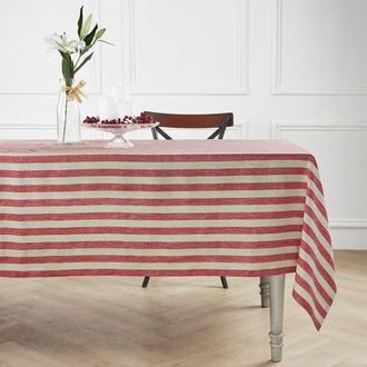 Solino Home Linen Tablecloth for Dining Table, Holiday and Everyday Dining Table Decor - Sorrento Stripe in Red And Natural at Nordstrom, Size X-Small