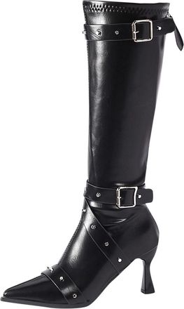 Generic Knee High Boots for Women Pointed Toe stiletto Heel Sexy Zipper Rivet Buckle Strap Leather Mid Calf Long Boots Solid Color Waterproof Non Slip Booties