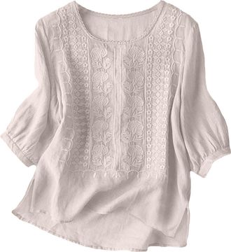 Generic Linen Shirt Women Embroidery Linen Tunic Tops Retro Jacquard Short Sleeve Boho Blouse Wear Blouse for Vacation Office Tops Loose Fit 3/4 Sleeve Shirts