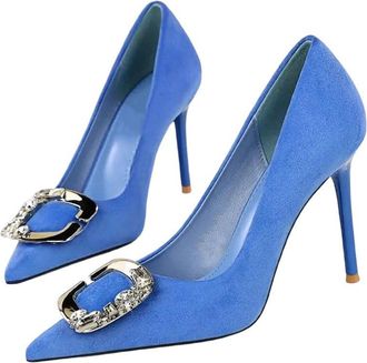 Generic Women High Heel Pumps Pointed Toe Metal Buckle Elegant Wedding Party Dress Shoes Blue