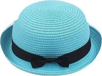 Generic Lady Boater Sun Caps Classic Vintage Ribbon Round Flat Top Straw Beach Hat Retro Summer-Wide-Brim Hats for Women with Band Outdoor Sky Blue One Size