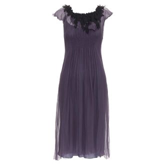Lanvin Vintage purple silk black lace trim ruched waist sheer dress FR38 M