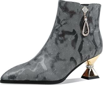 TinaCus Handmade Womens Assorted Color Genuine Leather Rhinestones Printed Pointed Toe Mid Spool Heel Ankle Boots Shoes, Grey, 4 UK
