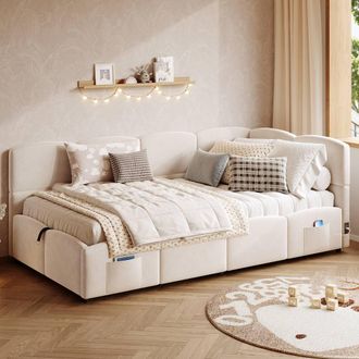 Merax 3ft Single Velvet Ottoman Daybed with USB Charging & Side Pockets in Beige