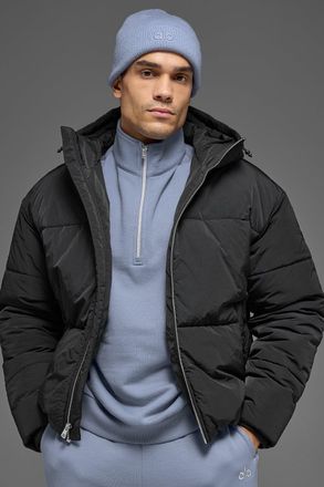 Alo | Crinkle Nylon Hooded Stage Puffer Jacket in Black, Size: Medium