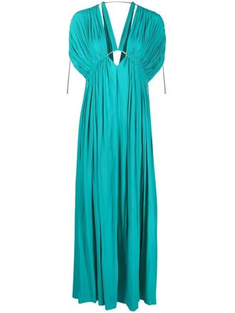 Lanvin gathered-detail V-neck dress - women - Brass/zamac/Polyester - 36 - Blue