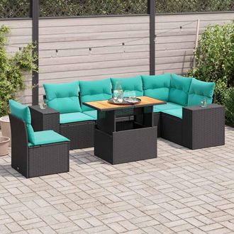 vidaXL Vidaxl Set De Sof&aacute;s De Jard&iacute;n 7 Pzas Con Cojines Rat&aacute;n Sint&eacute;tico Negro