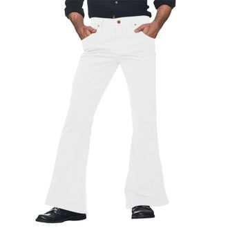 Generic Casual Flared Trousers for Men Relaxed Fit Solid Color Retro Style Everyday Wear Bottoms (White, L)