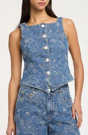 Cinq &agrave; Sept Garden Doodle Embroidered Floral Denim Vest in Salt Breeze/White at Nordstrom, Size Xx-Small