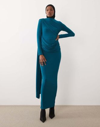 Asos Vestito lungo aderente a maniche lunghe drappeggiato blu ottanio