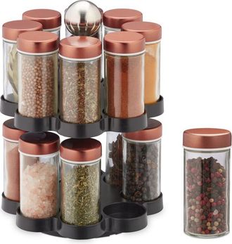 Relaxdays Relaxdays - Portaspezie da Cucina Girevole a 360&deg;, 16 Barattoli in Vetro, Organizer HxD: 26x17 cm, Acciaio Inox, Rame Nero
