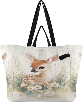 Generic Daisies Beige Deer print Reusable Canvas Tote Bag, Heavy Duty Grocery Shopping Bag with Large Capacity Hard Bottom Double Handles Work Groceries Trave