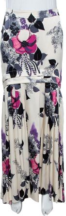 Roberto Cavalli Cream Floral Print Silk Satin Maxi Skirt