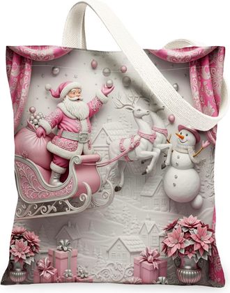 Generic Christmas Santa Claus Canvas Tote Bags, Holiday Vintage Snow Man Design Reusable Grocery Bags, Lightweight Washable Shoulde, Peach, 13x15 Inch