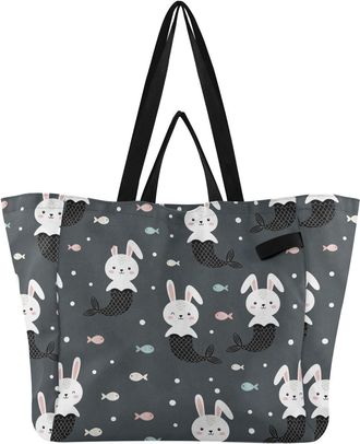 Generic Underwater Rabbits Fish Black pattern Reusable Canvas Tote Bag, Heavy Duty Grocery Shopping Bag with Hard Bottom Double Handles Large Capacity Work Gr