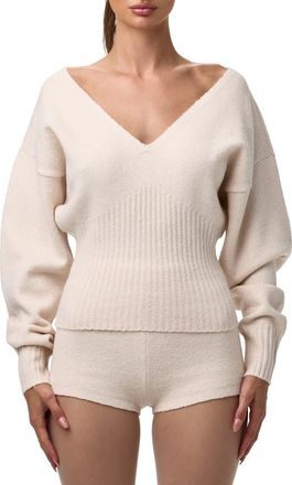 Naked Wardrobe V-Neck Ribbed Sweater in Bone at Nordstrom, Size X-Small