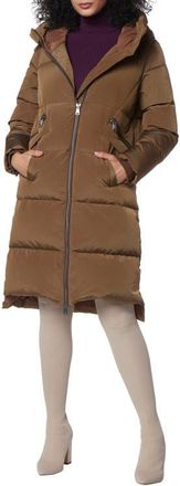 Andrew Marc Palma Shimmer Water Resistant Hooded Down Puffer Jacket in Sepia at Nordstrom, Size X-Small