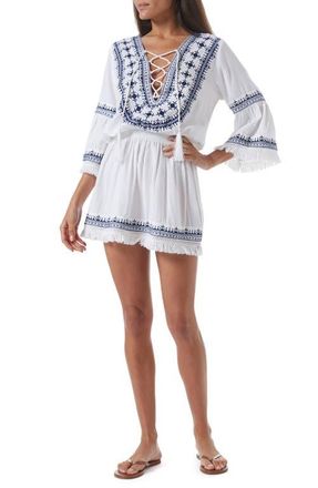 Melissa Odabash Martina Embroidered Lace-Up Linen & Cotton Cover-Up Dress in White/Navy at Nordstrom, Size X-Small