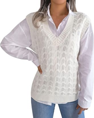 Generic Womens Cable Knit Pullover Sweater Vest Crew Neck Sleeveless Jumper Knitwear Tank Tops