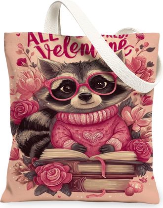 Generic ValentineS Floral Canvas Tote Bags, Cute Animal Design Reusable Grocery Bags, Lightweight Washable Shoulder Strap Canvas F, Peach, 13x15 Inch