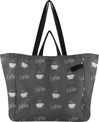 Generic Coffee Black pattern Reusable Canvas Tote Bag, Heavy Duty Grocery Shopping Bag with Large Capacity Double Handles Hard Bottom Work Groceries Travel