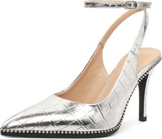 EDEFS Womens Beaded Ankle Strap Slingback Pumps Pointed Toe 3.5 Inch Stiletto High Heels Shoes for Work Party Crocodile Silver UK8