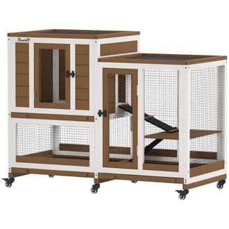 OEM Conejera De Madera De 2 Niveles Jaula Para Conejos Con Ruedas Escaleras Y Bandejas Extra&iacute;bles 110x50x86 Cm Marr&oacute;n
