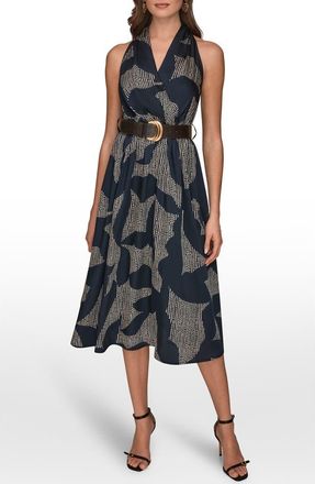 DKNY Print Belted Sleeveless Midi Dress in Nghtfal/Sand at Nordstrom, Size 10