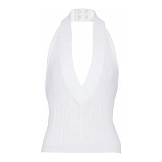 Balmain Kabelgebreide halternek top - Dames - Tops zonder mouwen - Wit - M - Leer - Tops