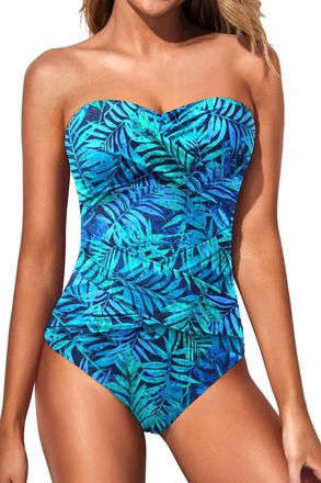 Holipick Women Strapless One Piece Swimsuits Tummy Control Bandeau Bathing Suits Retro Slimming Swimwear, Blue Leaves, Medium