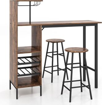 Costway Costway - Juego De 3 Piezas Mesa Y Sillas De Bar, Mesa Y Taburetes Industriales Con Soportes Para Copas De Vino Y Estantes Para 6 Botellas De Vino, Ju
