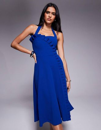 Goddiva Vestito midi blu reale allacciato al collo con volant