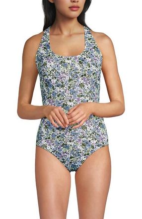 Lands End Chlorine Resistant Scoop Neck X-Back High Leg Soft Cup Tugless Sporty One Piece Swimsuit in White/lilac Multi Ditsy Floral at Nordstrom