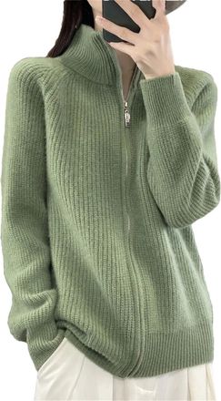 Generic Womens Full Zip Wool Cardigan Turtleneck Knit Sweater Thick Striped Sweater Cardigan Turquoise L