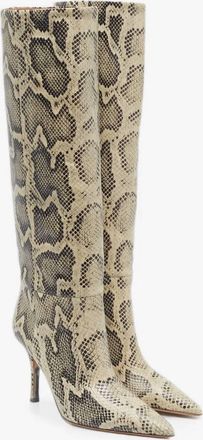 PARIS TEXAS Pre-Loved Womens Croc-Embossed Knee-High Heeled Boots In Cream/black