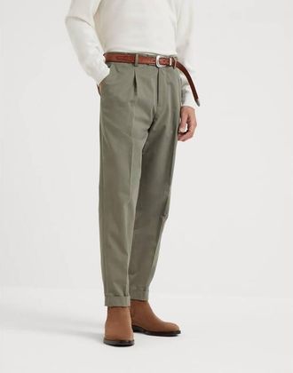 Brunello Cucinelli Olive Pleated Cotton Trousers, Brand Size 46 (US Size 30)