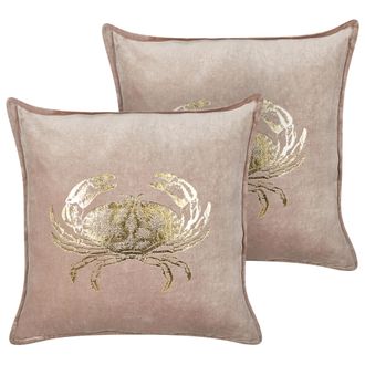 Beliani Beliani - Conjunto De Cojines De Terciopelo Cuadrado Textura Motivo Marino Patr&oacute;n Cangrejo Relleno Poli&eacute;ster Gris Pardo Seapen