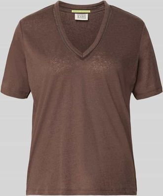 Scotch & Soda Regular Fit T-Shirt aus Leinen-Mix mit V-Ausschnitt in Dunkelbraun, Gr&ouml;&szlig;e XL