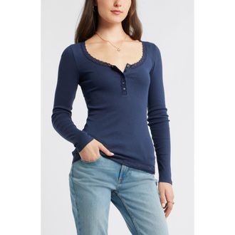 BP. Lace Trim Cotton Blend Rib Henley in Navy Indigo at Nordstrom, Size X-Large