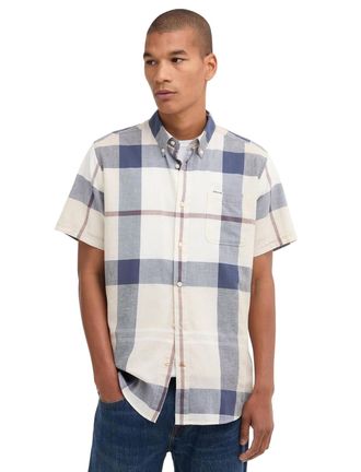 Barbour Overhemd Barbour Tailored Fit creme blauw geruit met borstzak