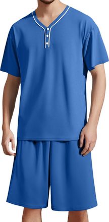 Generic Mens Pyjamas Mens Summer V Neck Short Sleeve Top And Shorts Casual Style Pajama Loungewear Set (Blue, XXXL)